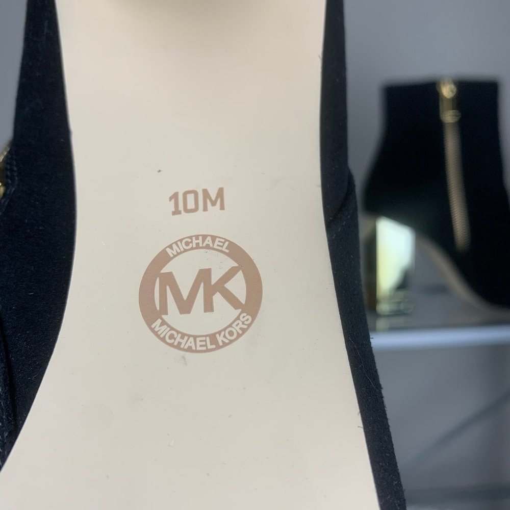 Michael Kors Black Microfiber Ankle Boots with Chunky Gold Heel NWOT - Picture 10 of 12